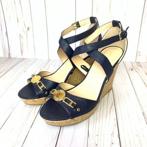 Marc Fisher Wedge Sandals blue and gold  NWOB